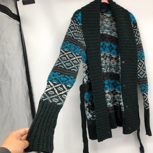 Peak Performance Blue Grey Multicolor Argyle Sweater Cardigan waist tie size M - Picture 13 of 16
